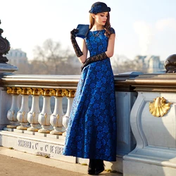 DEVCHATA High Quality Fashion Women Summer Long Maxi Jacquard Dress Gorgeous Ladies Party Blue Floral Clothes Vintage Vestidos