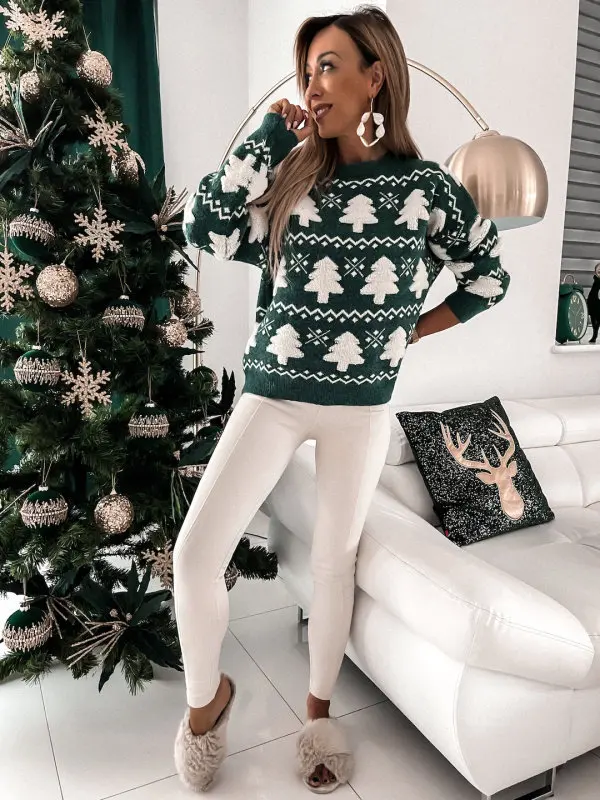 Fashion Christmas Sweater Autumn Winter New O-neck Long Sleeve Flocked Christmas Tree Knitted Pullover Loose Casual Warm Top