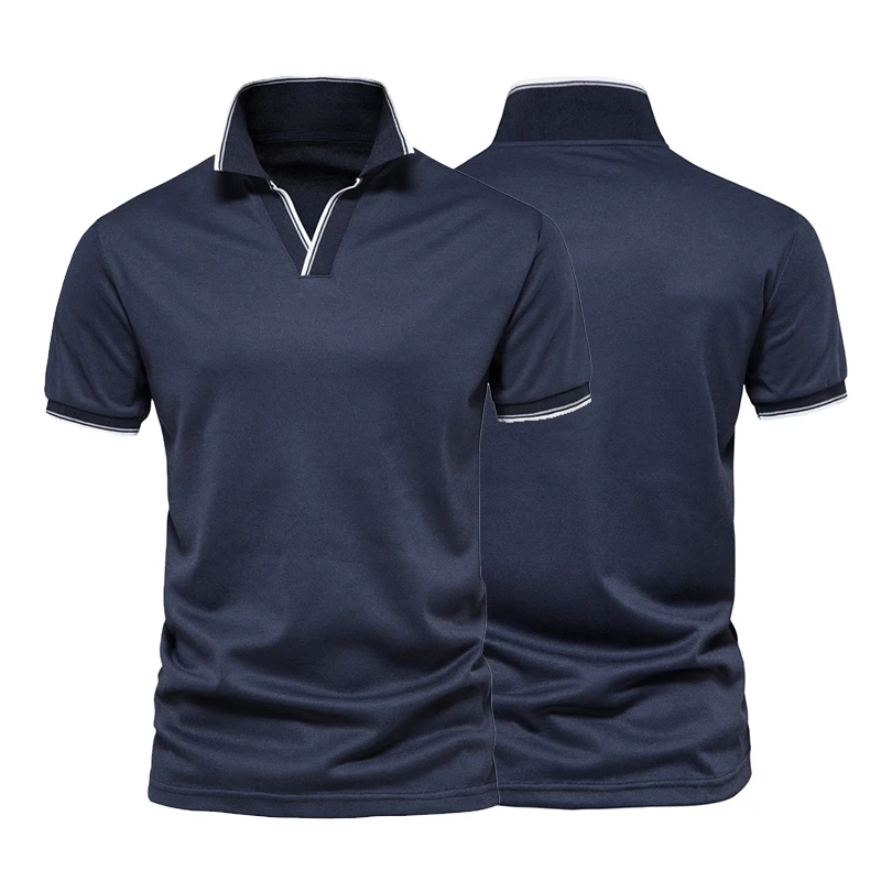 Mens Fashion Boutique Cotton Leisure Stand Collar Long Sleeve Male Pure Color V-Neck POLO Shirts