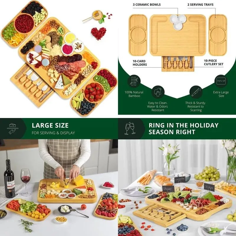 for Large deli bamboo cheese board serving tray platter with cheese knife and household