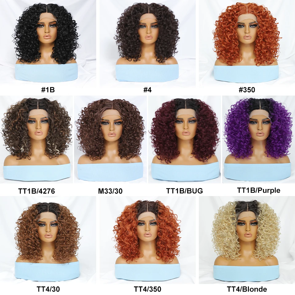 Wig sintetis keriting 16 "berenda depan Wig pirang hitam untuk wanita perempuan jahe ungu rambut alami tahan panas