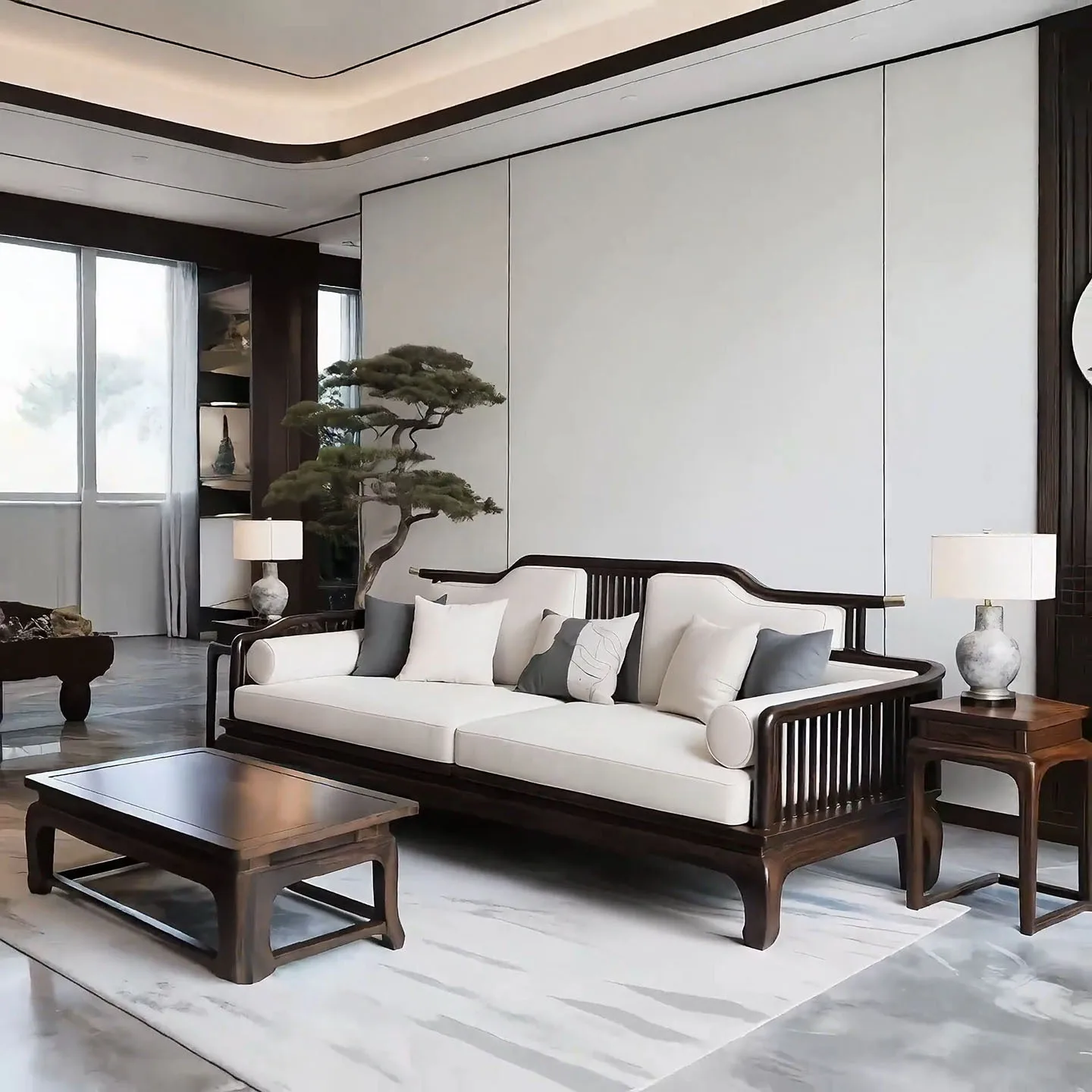 Ebony new Chinese sofa light luxury fabric villa living room modern simple solid wood sofa high-end furniture sectional sofa