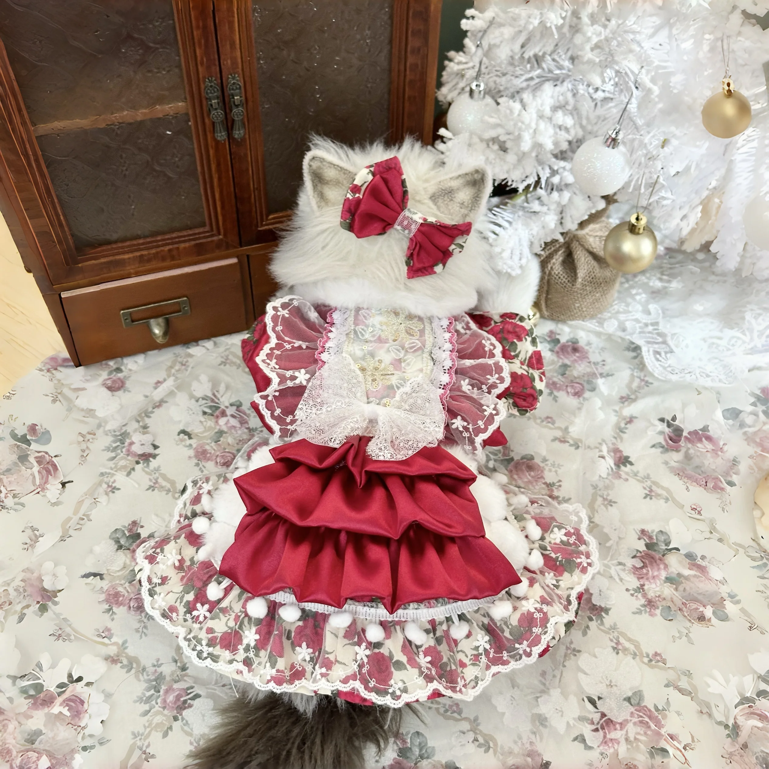 

Pet dog clothes Skirt Dog Cat Autumn Winter Handmade Small Medium Pup Holiday Photo Apparel Costume for dog Cat Formal Dress