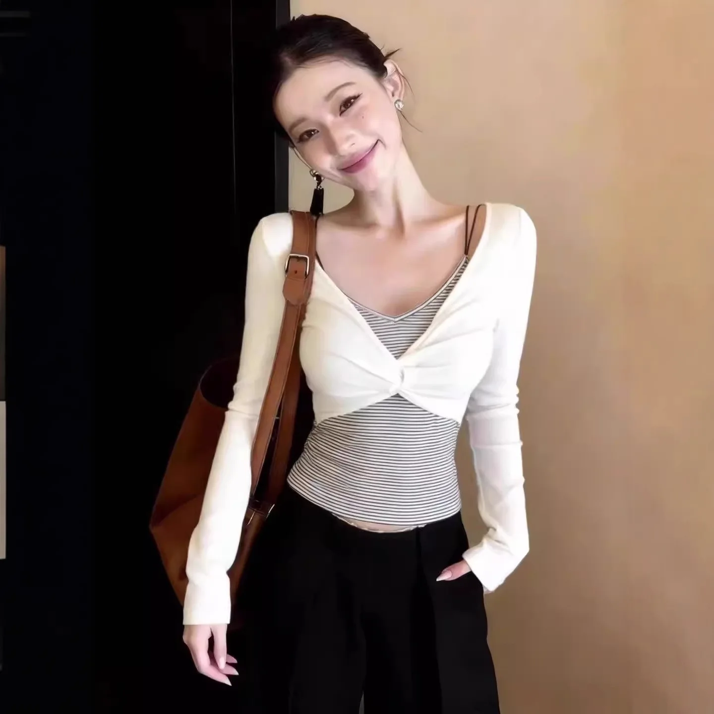 

Spring 2026 New Fake Two-piece Striped Long-sleeved Top Women's Kink Top