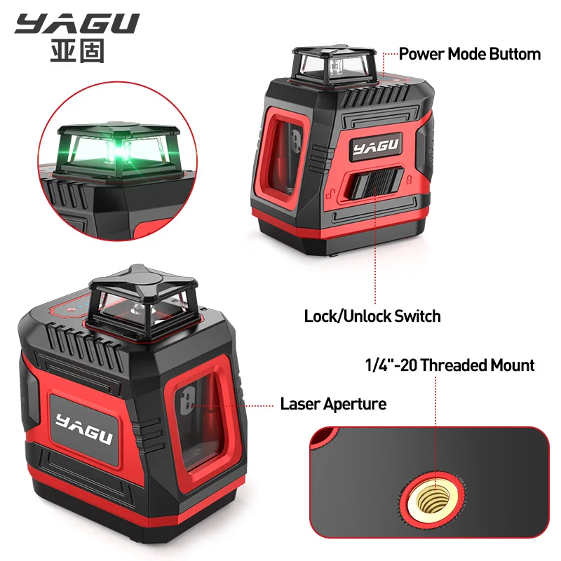 YAGU 5Line Laser Level Self-leveling Green Cross laser tool with vertical and horizontal lines 360 degree rotation self-leveling