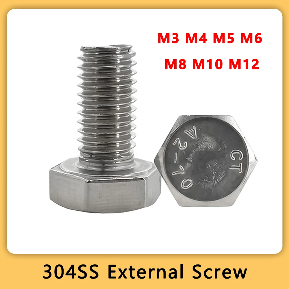 304 Stainless Steel External Hex Screw M3 M4 M5 M6 M8 M10 M12 Metal Machine Bolt Hexagonal Metric Threaded DIN933 DIY Screws