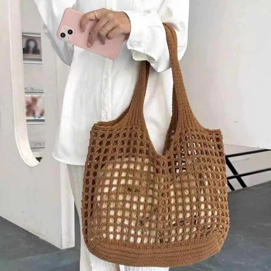 

Summer Casual Hollow Knitted Beach Bag Large Capacity Handmade Hollow Out Woven Women's Shopper Tote Bag Female Shoulder Bag