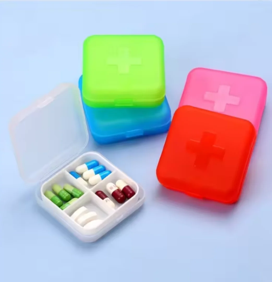 Portable 4 Grids Weekly Pill Organizer Box, Mini Plastic Pill Case for Home Travel, Solid Color Medicine Storage image 2