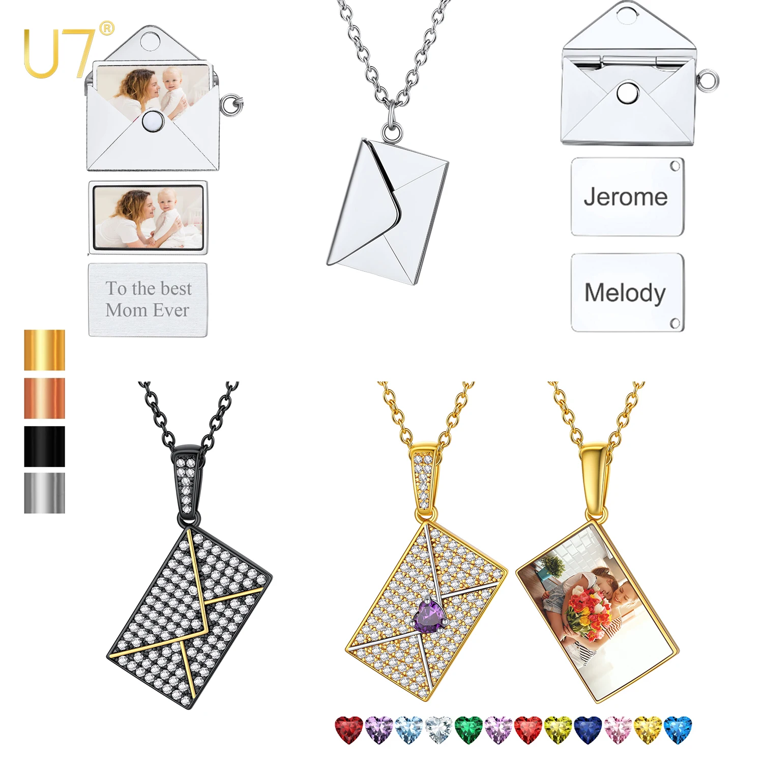 

U7 Custom Photo Text Envelope Locket Necklaces for CZ Heart Birthstones Women Photo Text Personalized Jewelry Gift for Her