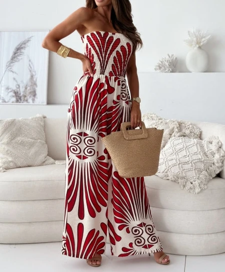 Elegant Women's Jumpsuit Sexy Leaf Print Elastic Strapless High Waisted Wide Leg Jumpsuit Summer Casual Vacation Style Jumpsuit