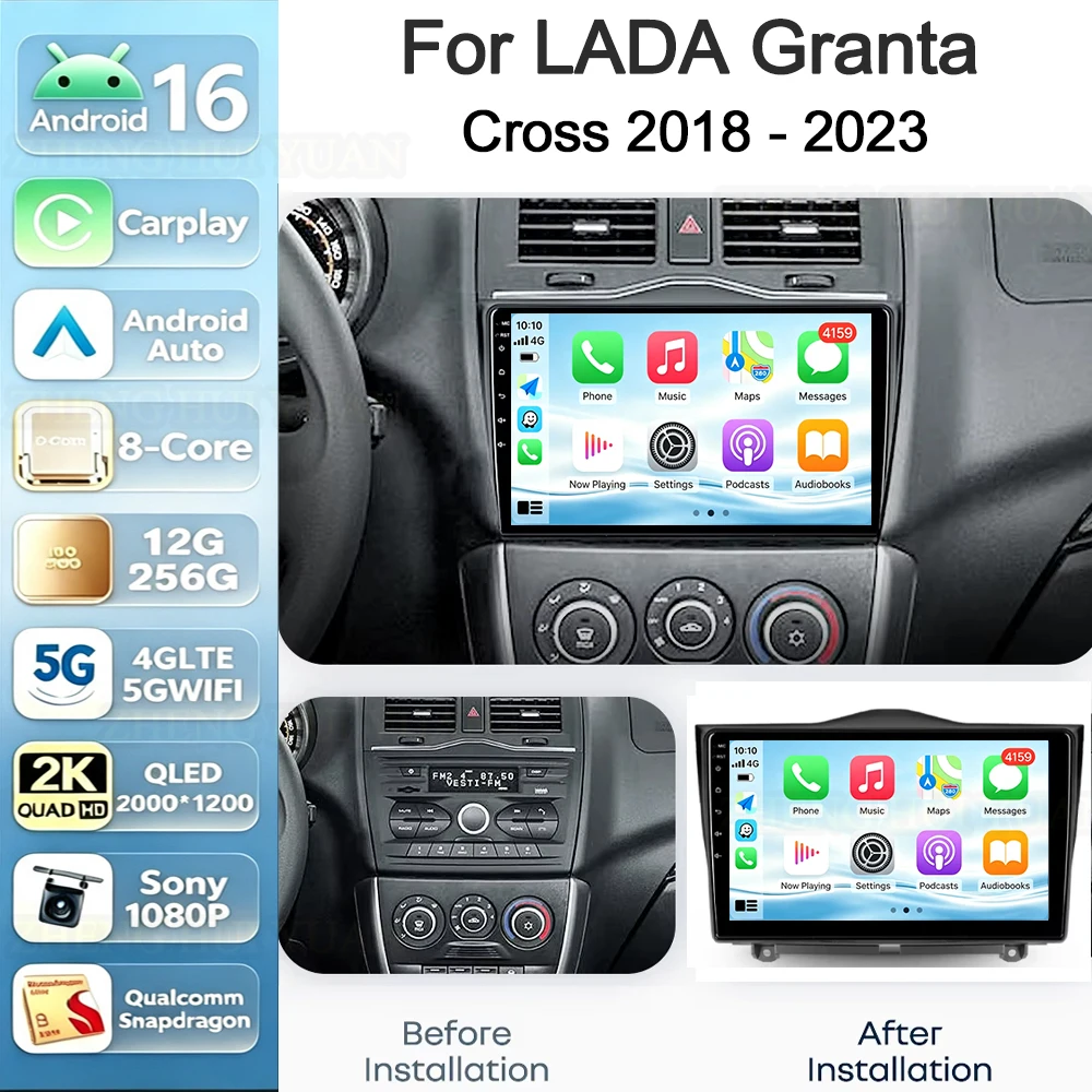 Android 16 Car Radio CarPlay Android Auto For LADA Granta Cross 2018 - 2023 Car Multimedia Player Wireless GPS WIFI 4G 2din BT