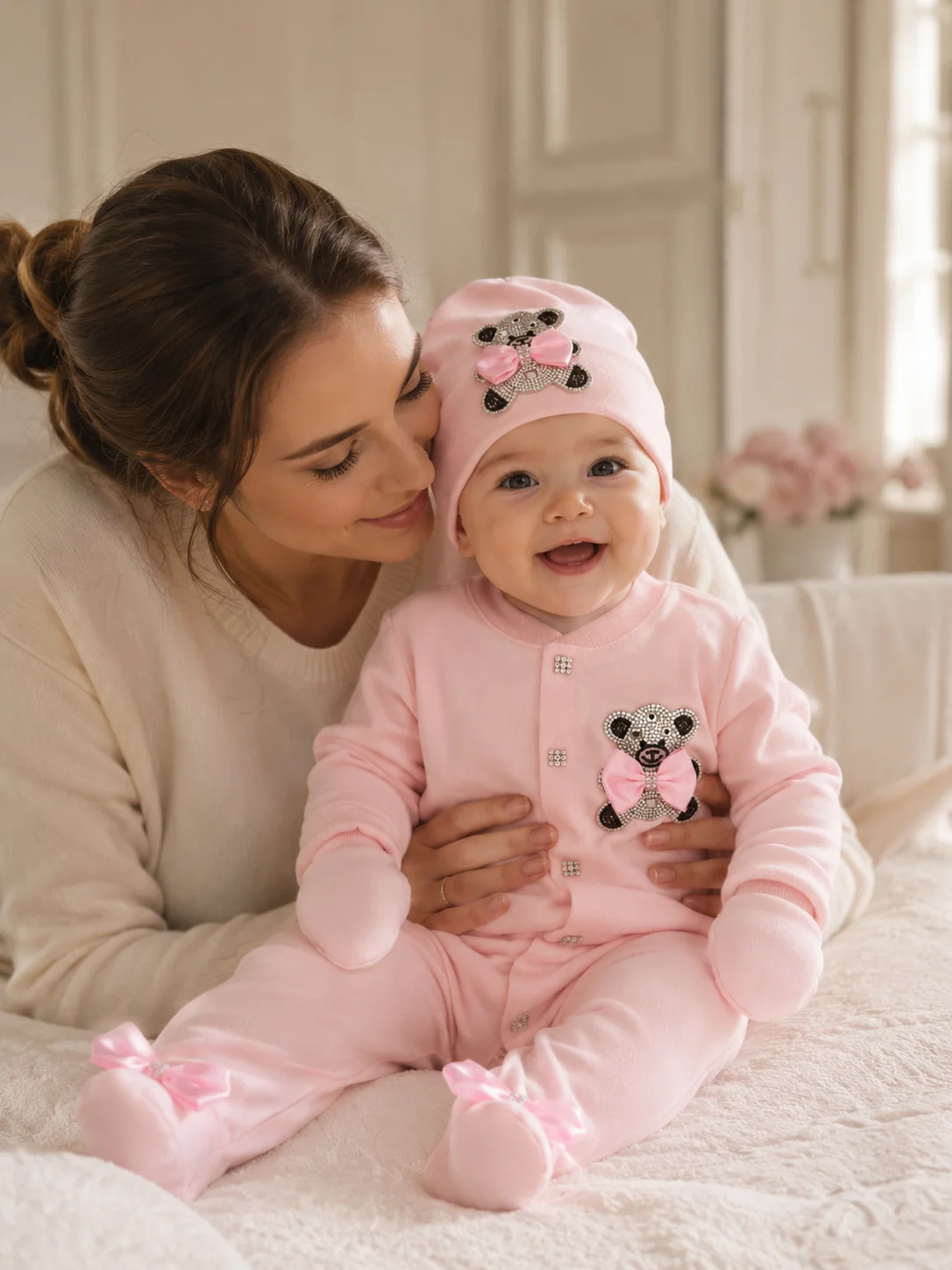 Korean soft sweet baby girls footed romper 3pcs 3d rhinestone bear handmade bow newborn photo outfit for 100 days