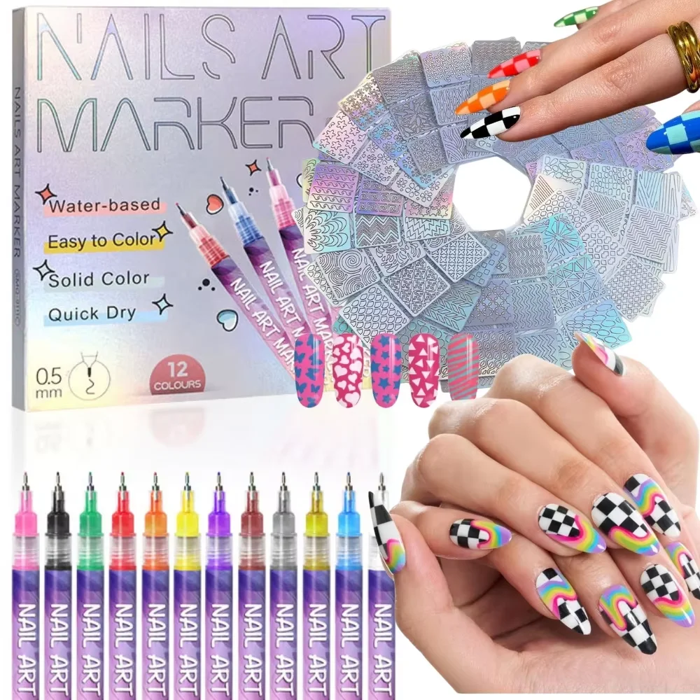 12 Colors 0.5mm Nail Art Pens with 24 Reusable Stencils Water-Based Quick Dry Markers for DIY Manicure Nail Design