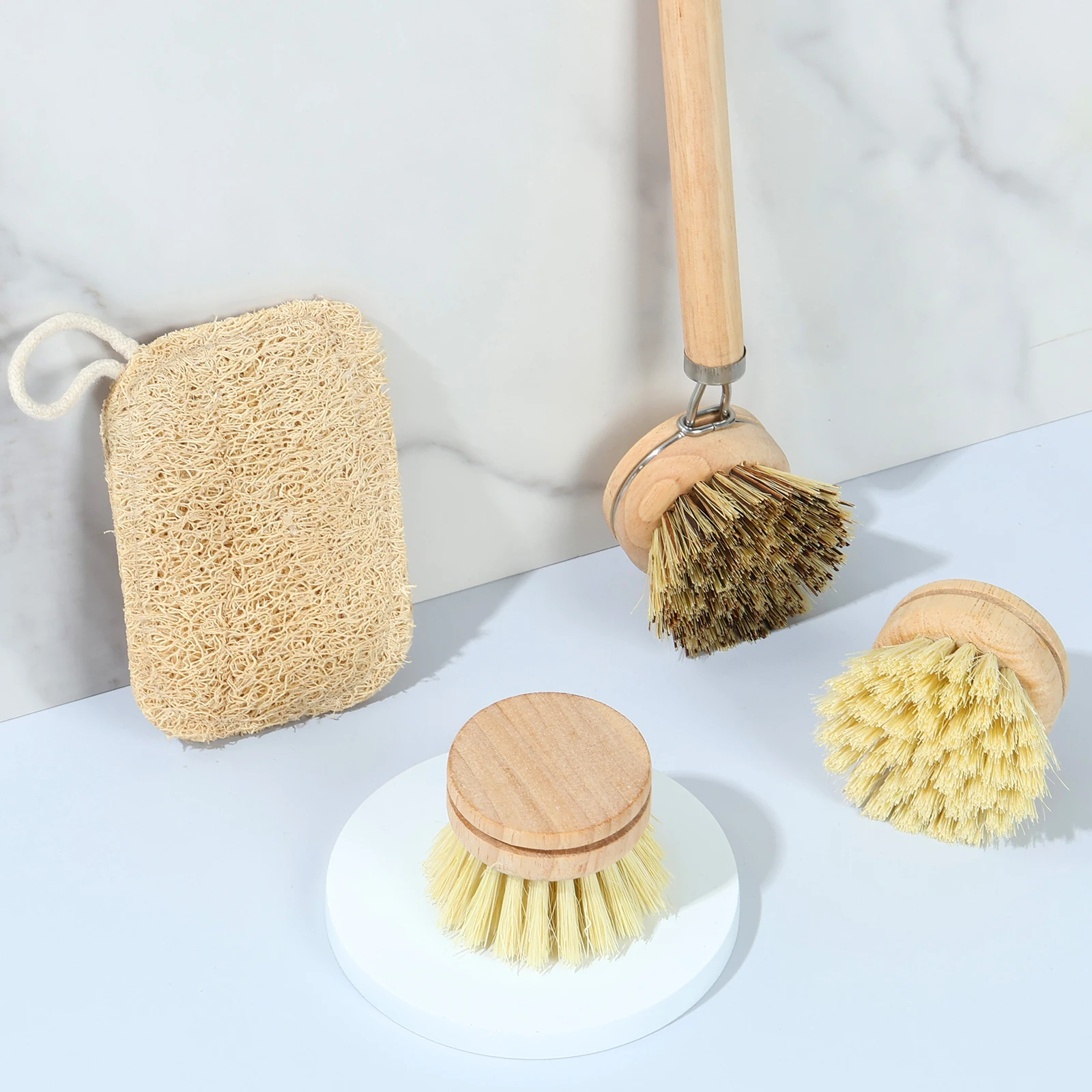 4Pcs Dish Brush Set Soft Sisal Dish Washing Brush with 3 Replacement Heads and Square Loofah Natural Kitchen Cleaning Brush Set