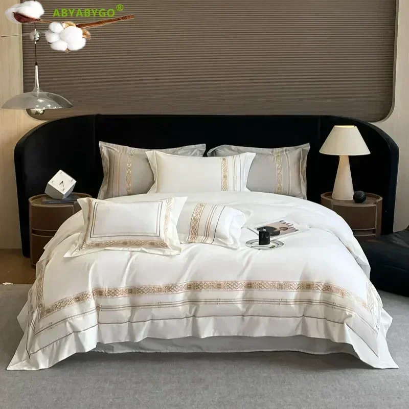 Hotel Style Bedding Set Luxury 100% Egyptian Cotton Gold Embroidery White Grey Duvet Cover Set Fitted Bed Sheet and Pillowcases