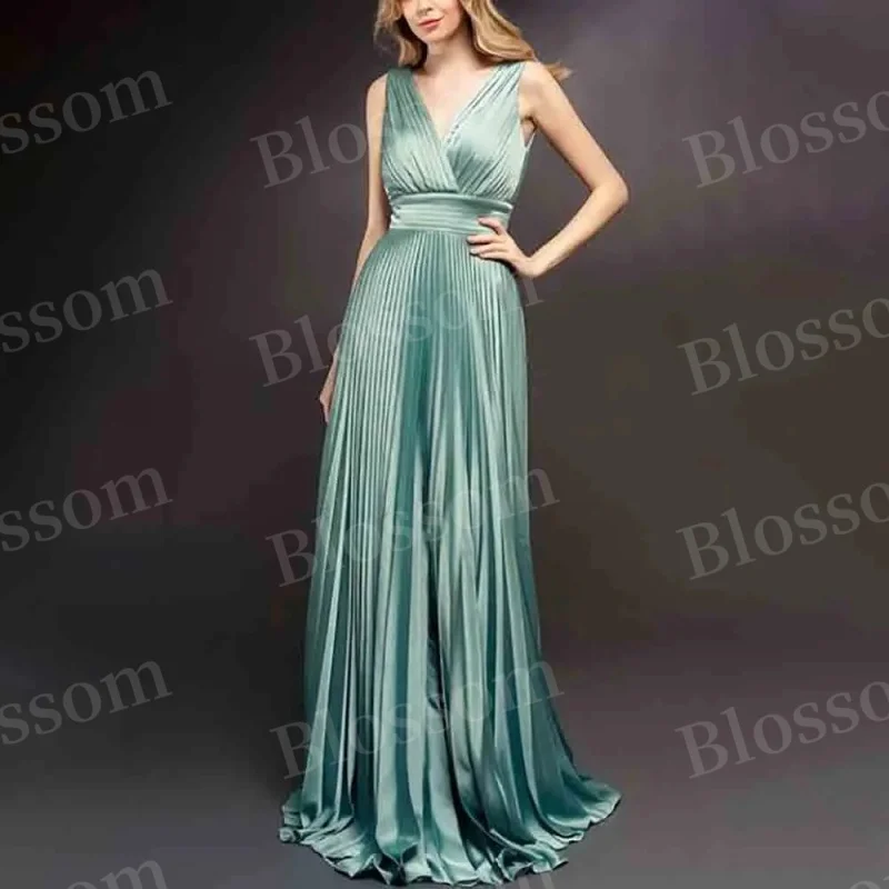 

Satin sleeveless party dress Pleated V Lead dress Floor-length halter formal party dress