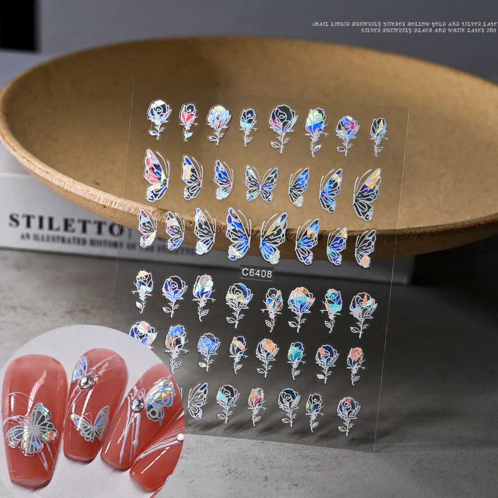 1pc Laser Butterfly Nails Stickers 3D Holographic Shiny Sliver Gold Design Fairy Fluidic Butterflies Stars Manicure Decals #NK