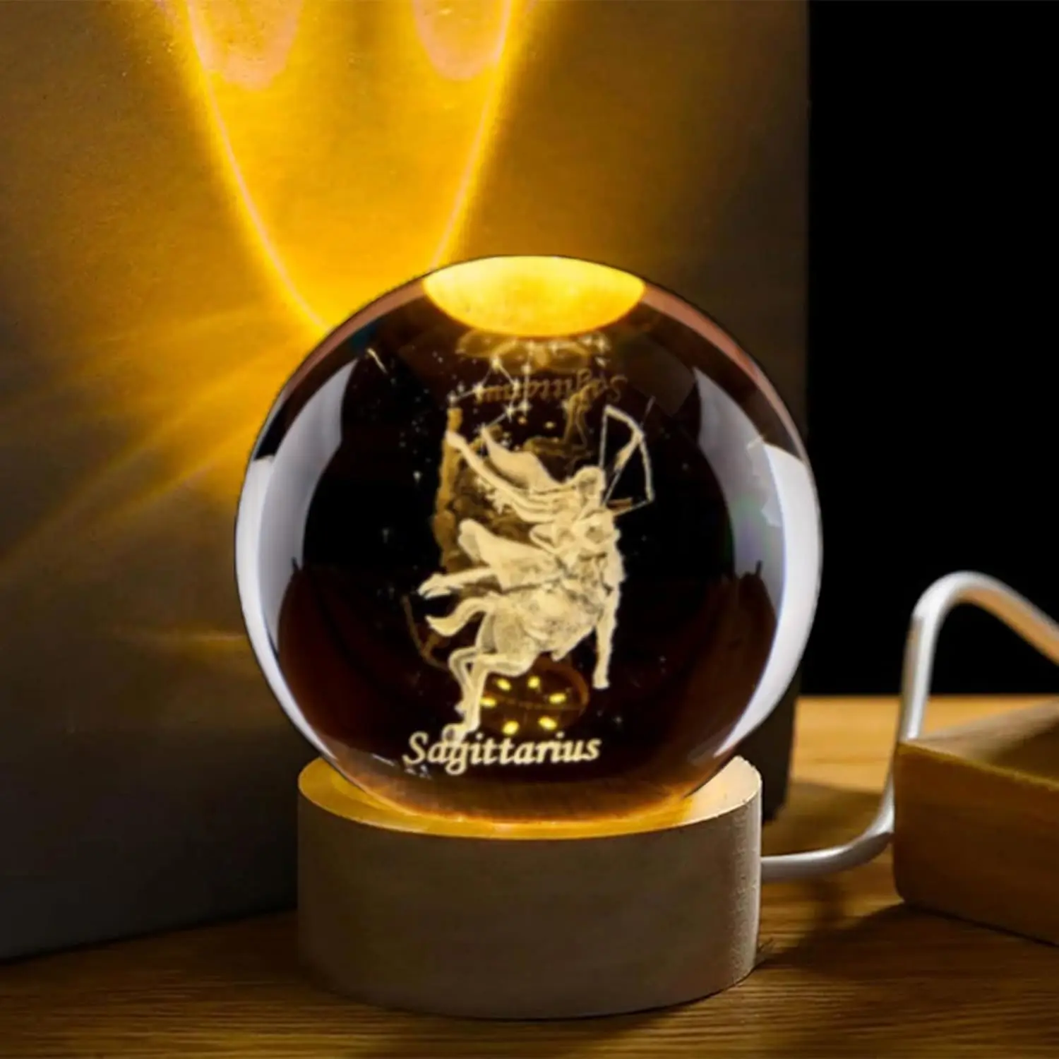 3D Sagittarius Crystal Ball with Wooden Light Base Constellation Glass Sphere Decorative Balls Paperweight Birthday Gifts
