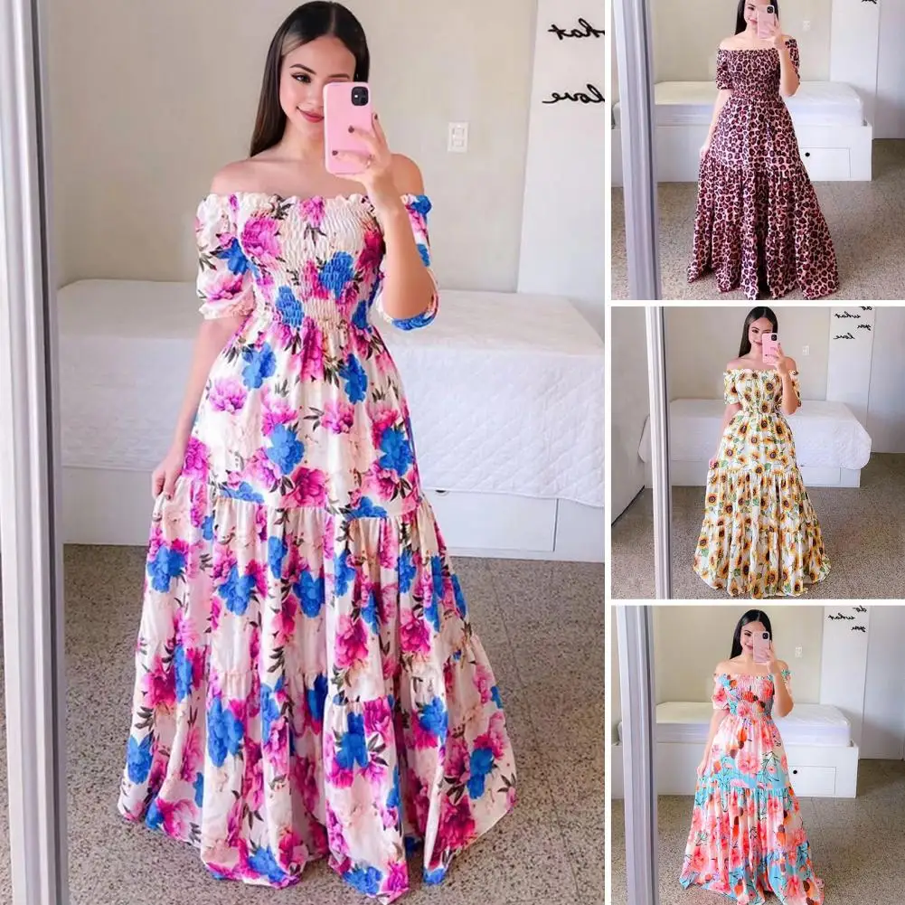 

Off-shoulder A-line Dress Elegant Floral Print Off Shoulder Evening Gown with Pleated A-line Design Backless Detail Women's