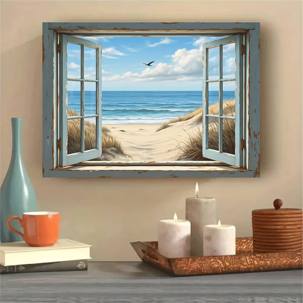1PC-Canvas poster Unframed  Ocean View Beach Scene Window Art Canvas Print  summer