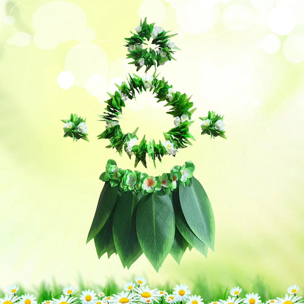 

5pcs Hawaiian Party Supplies Set 23.6" Waist Green Grass For Hula Leaf Skirt With Necklace Bracelets Headband Luau Costume