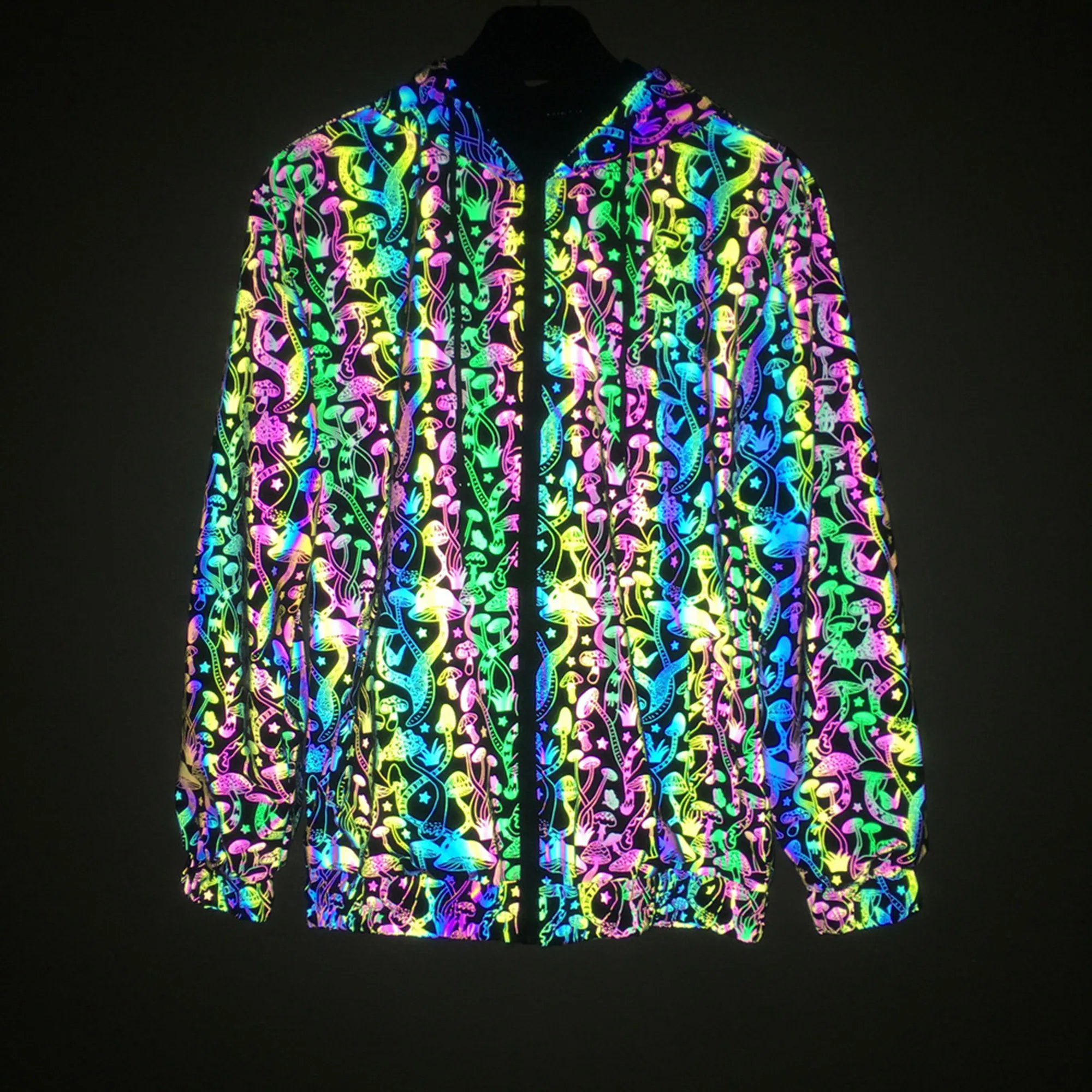 Unisex Holographic Men’s Geometric Reflective “Mushroom Pattern” Jacket Reflect Light Casual Coats