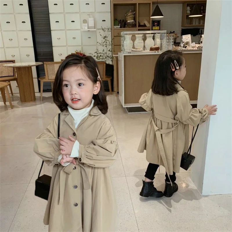 Girls Windbreaker Clothes Outerwear Spring Autumn New Kids Clothing Solid fashion Trench Coat Lapel mid-length Jacket For Girl