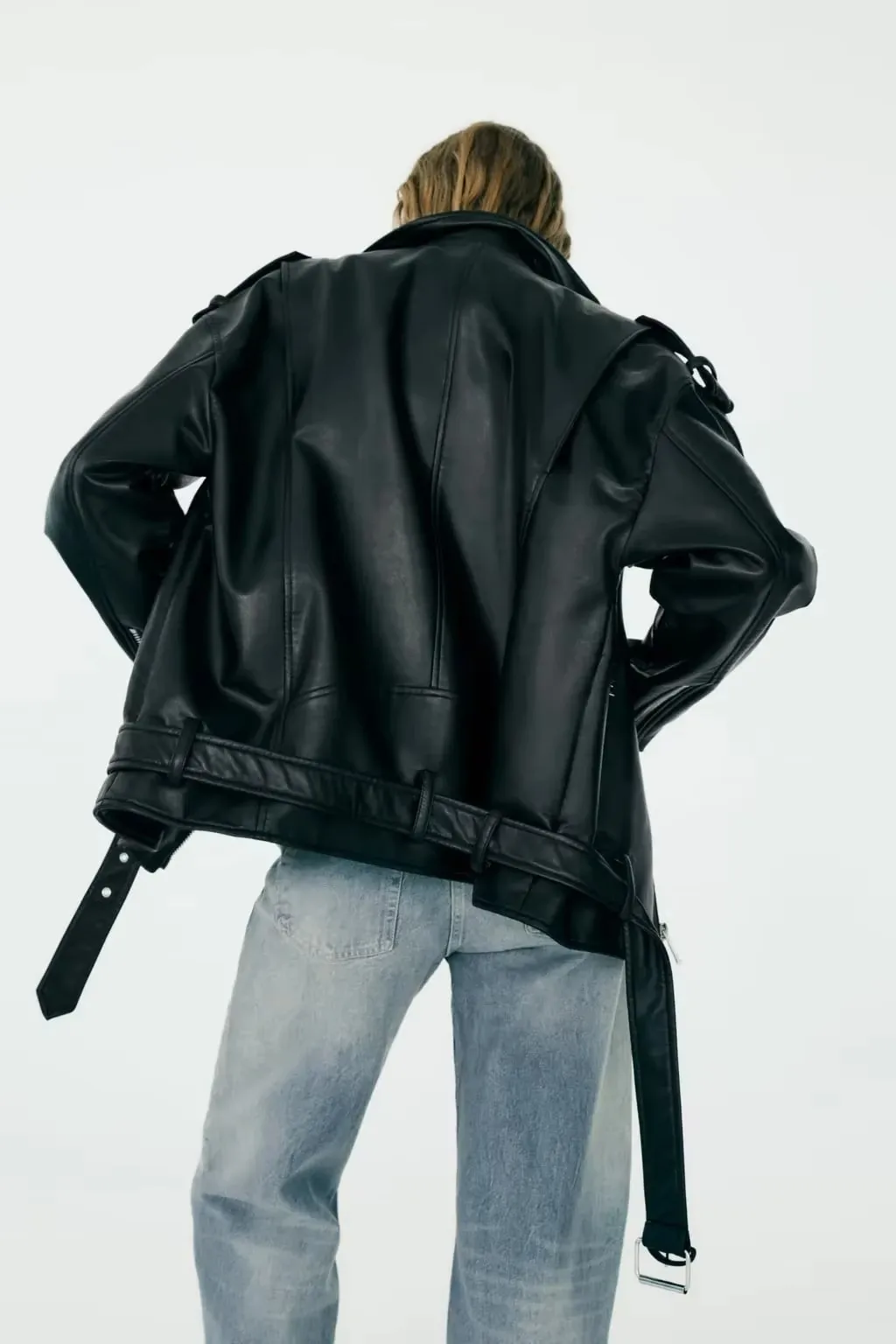 BBWM-Chaqueta de piel sintética con cinturón para primavera y otoño, abrigo con cremallera para mujer, prendas de vestir holgadas para motociclista, color negro