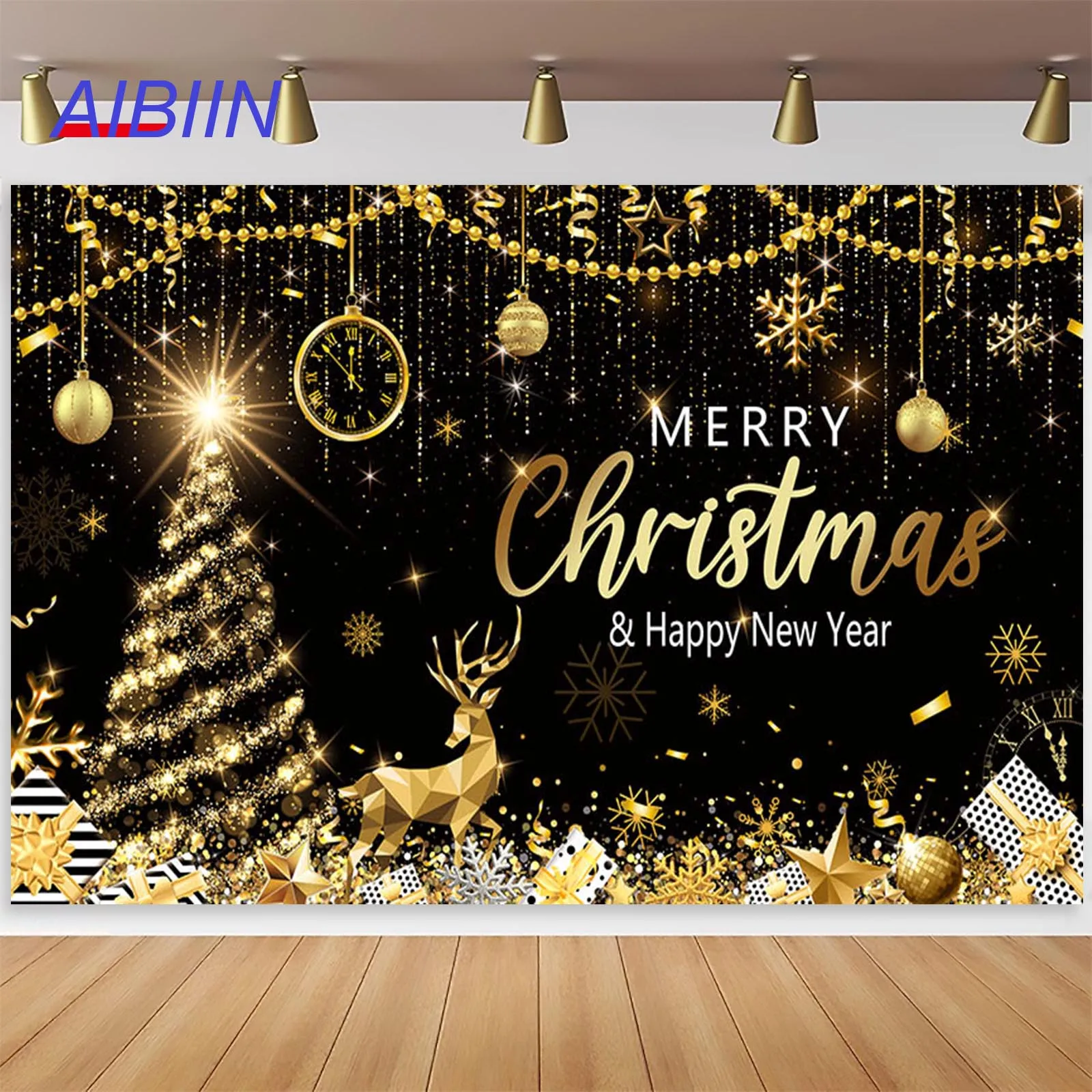 

Merry Christmas Happy New Year Backdrop Xmas Tree Bell Reindeer Snowflake Black Gold Photography Background Portrait Party Decor