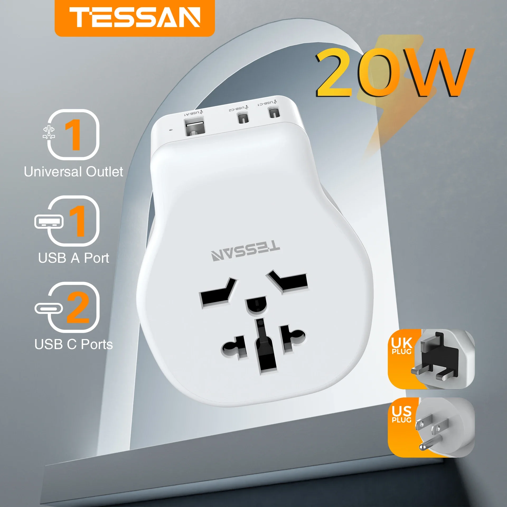 TESSAN adaptateur de voyage universel adaptateur de prise européen avec 1 prise ca 2 Type C 1 USB A prise murale multiple pour les voyages vers le royaume-uni et les états-unis