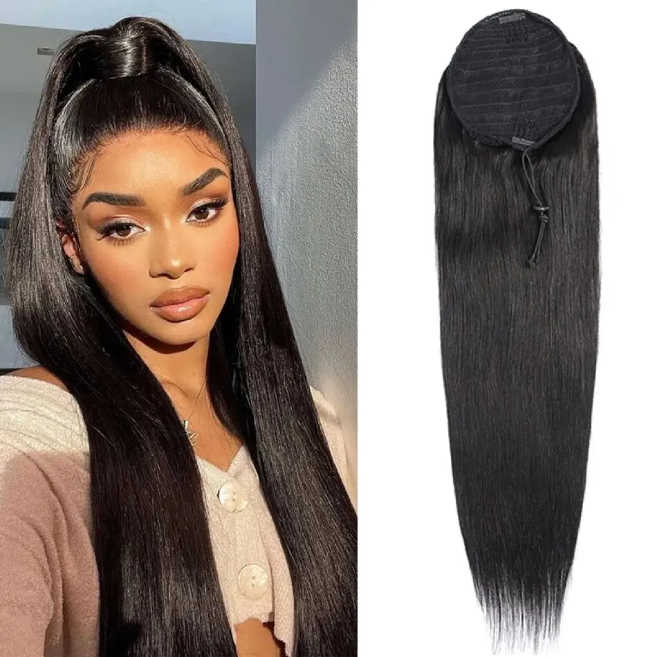 Drawstring Ponytail Human Hair Straight Ponytails Extensions for Women Brazilian Long Real Hair Human Natural hairpiece Color 1B