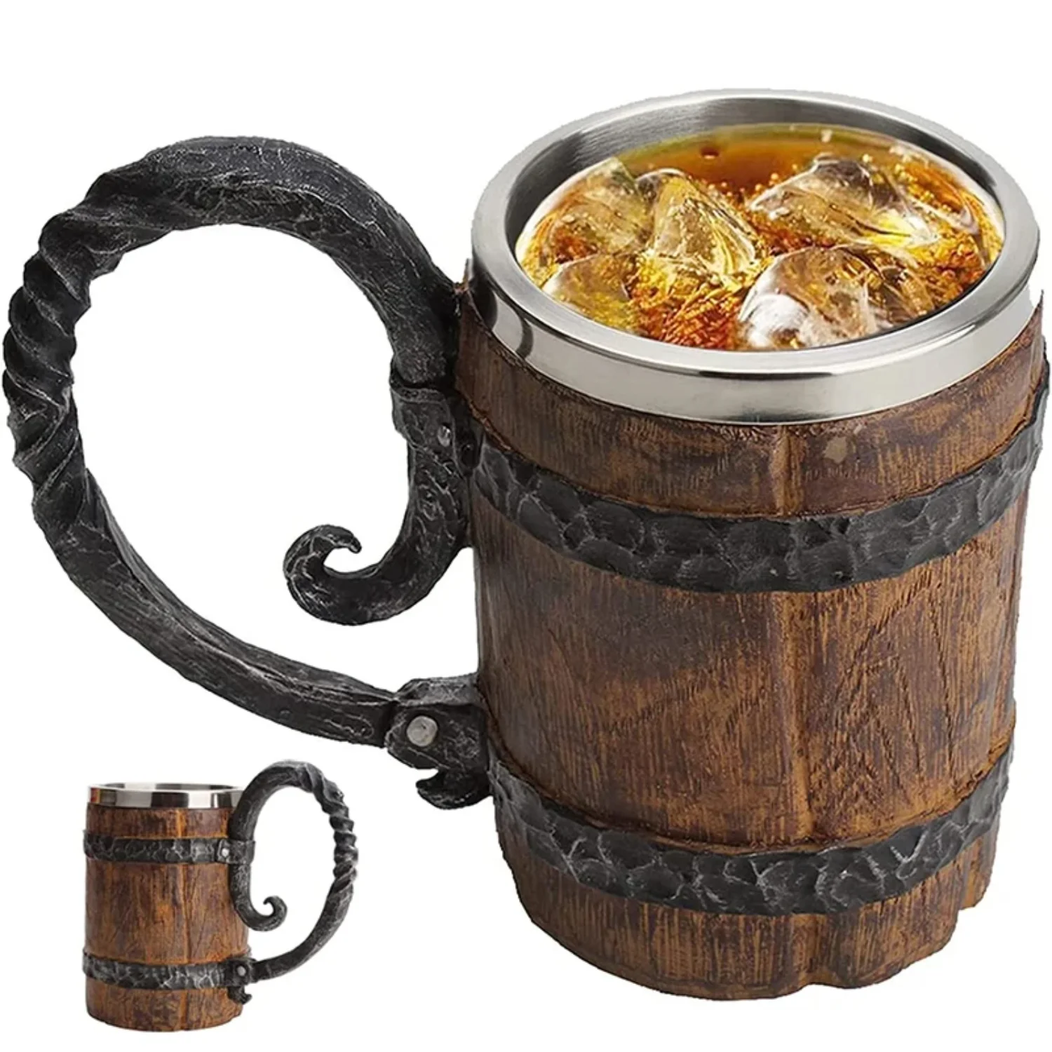 550ML Handmade Wooden Barrel Beer Mug Bucket Shaped Tankard Cup Stainless Steel Vintage Coffee Mug Tea Cup JT15