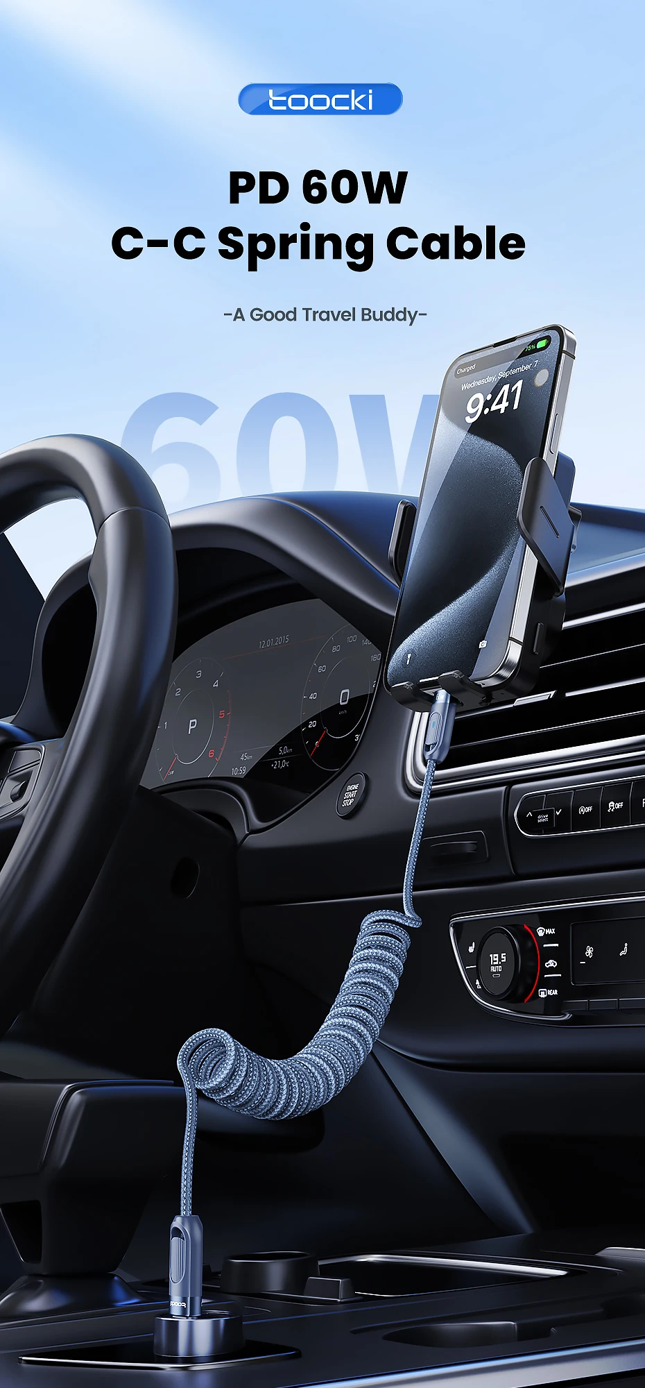 Toocki Auto-Federkabel Typ C für iPhone 17 16 15 Xiaomi Samsung 60W PD Schnellladung für Macbook iPad Typ C zu Typ C Kabel – Detail 1