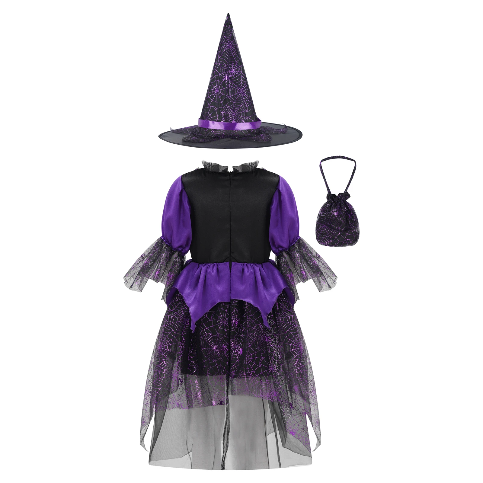 Kids Girls Halloween Witch Cosplay Costumes Puff Sleeve Cobweb Print Jagged Tulle Dress Pointed Hat Candy Handbag Suit Cosplay