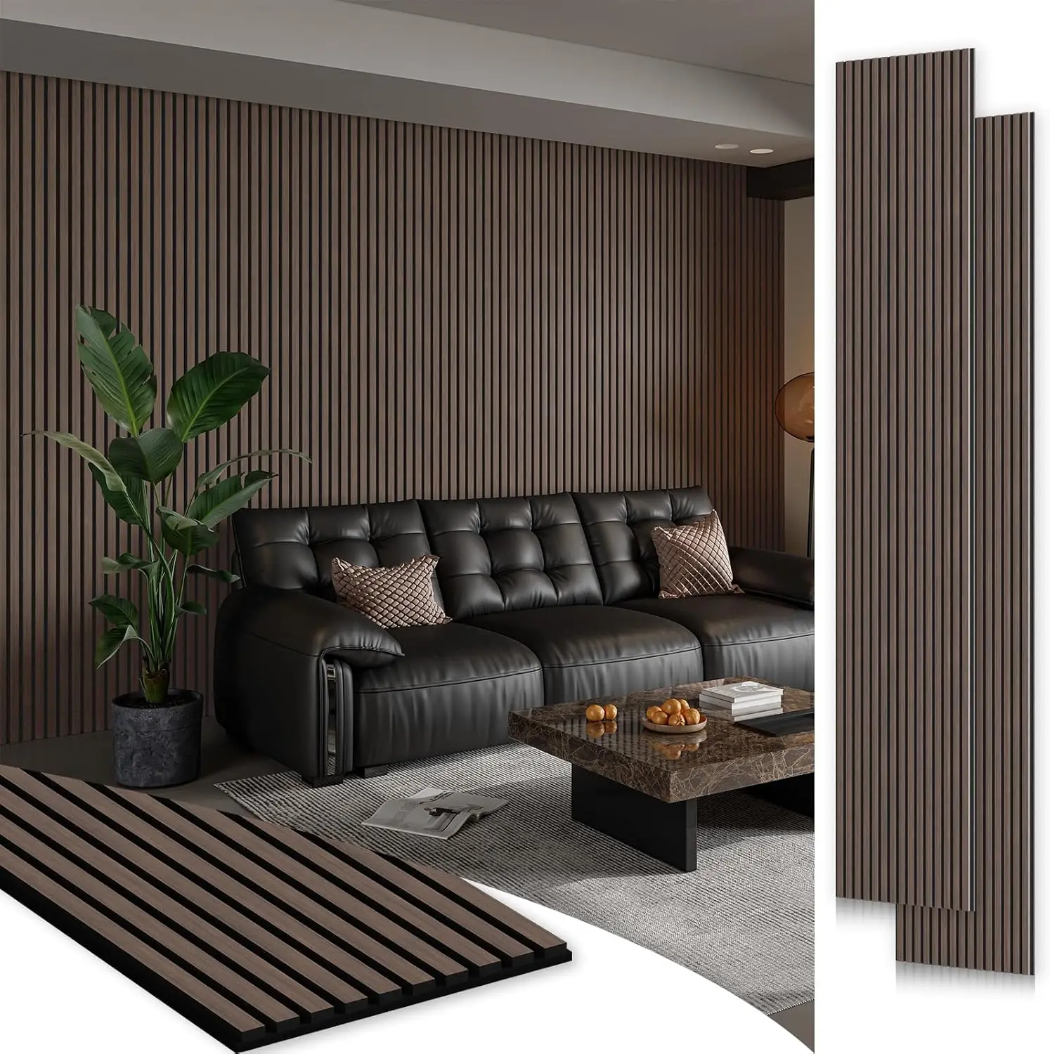 

2 Pack 106" x 12.6" Wood Slat Wall Panels, Soundproof Acoustic Panels, 3D Fluted Dark Walnut Interior Decor