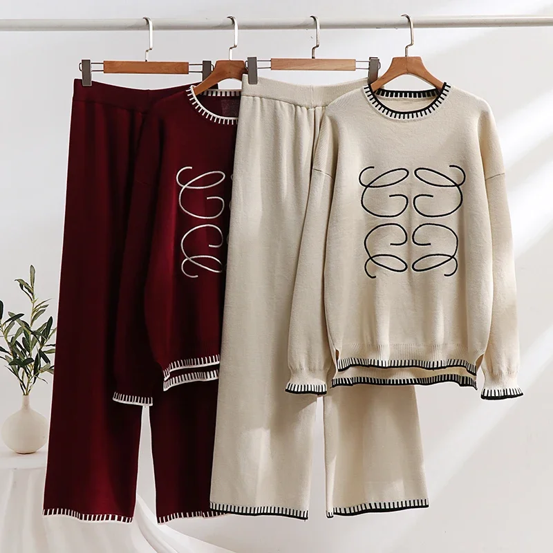 

Casual Tracksuit Women Two Piece Set Thick Winter Sweatshirt and Pants Set 2 Piece Long Sleeve Cozy Knitted Loungewear Women Set