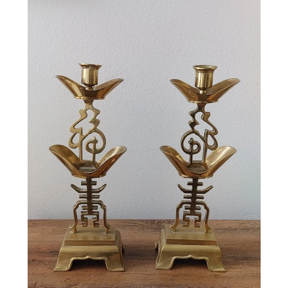 

2 Brass Candlesticks Asian Theme Wedding Vintage Style Taper Candle Holder Matching Candles