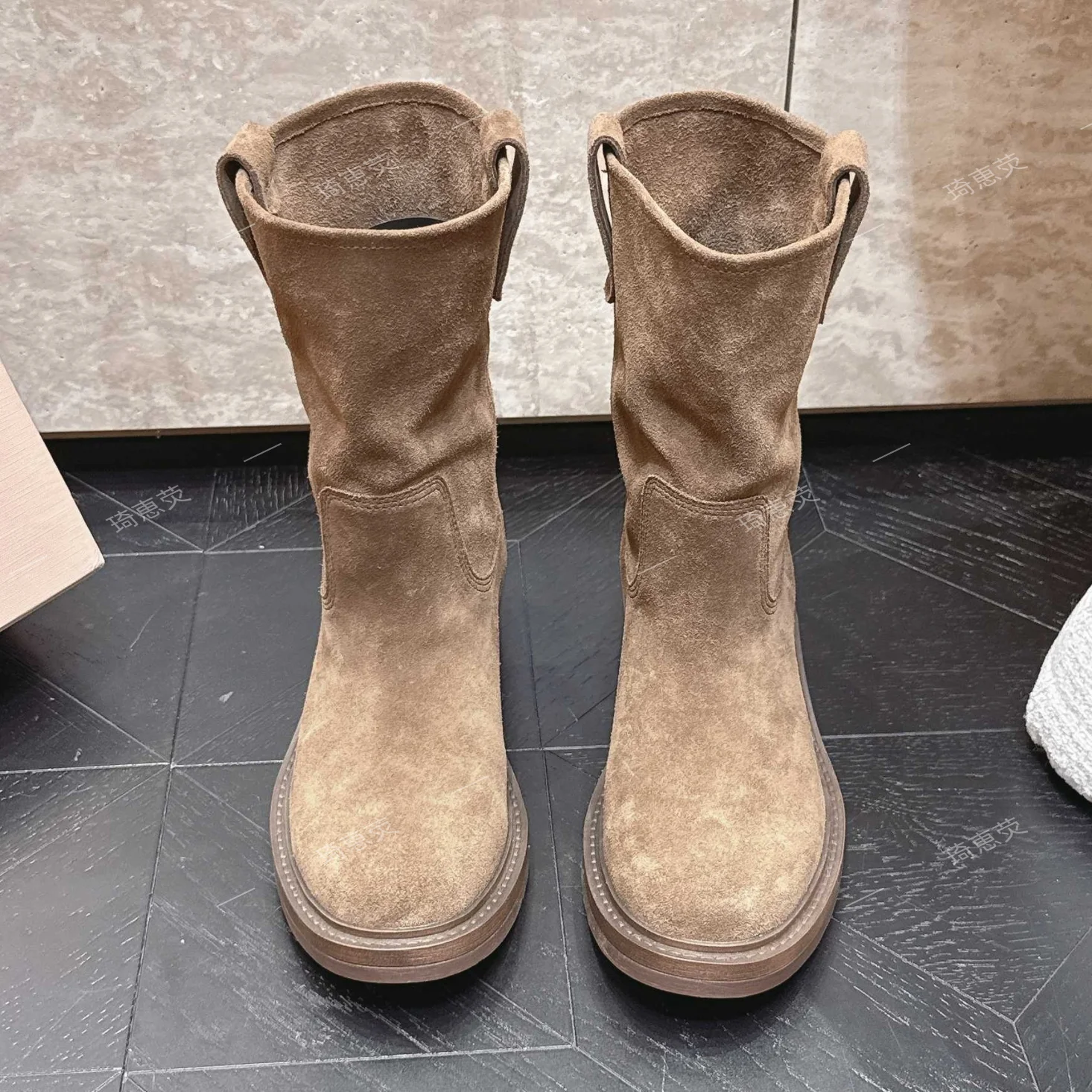 2026 New Retro Distressed-Effect Relaxed-Fit Round-Toe Chunky-Heel Ankle Boots Slimming Western Cowboy Boots Mid-Calf Boots