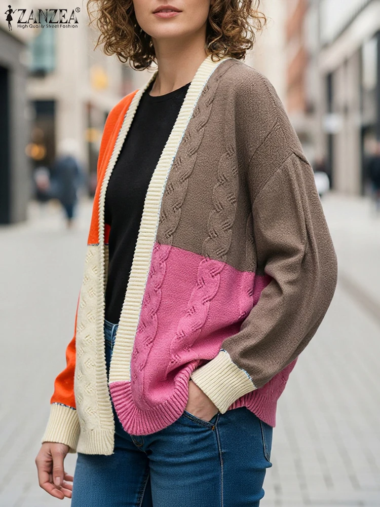 

2025 ZANZEA Women Autumn Sweaters Winter Warm Kimonos Coat Long Sleeve Open Front Contrast Color Cardigans Knitted Outwear Femme