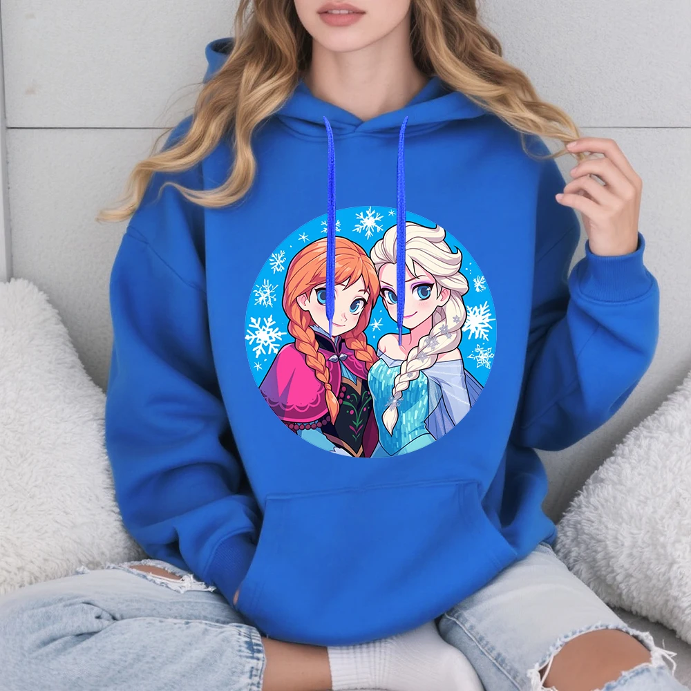 ديزني فروزن إلسا وآنا الأخوات طباعة الأزرق صوف مبطن مقنعين البلوز المرأة الخريف الشتاء الدافئة لينة مريحة البلوز #4