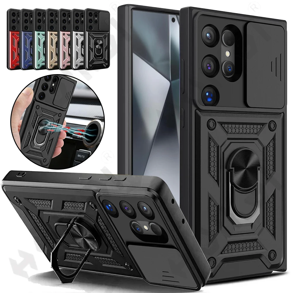 Case For Samsung S24 S23 S22 Ultra S21 S20 FE Galaxy A25 A35 A54 A14 5G Camera Lens Cover Phone Ring Stand Armor rotate Cover