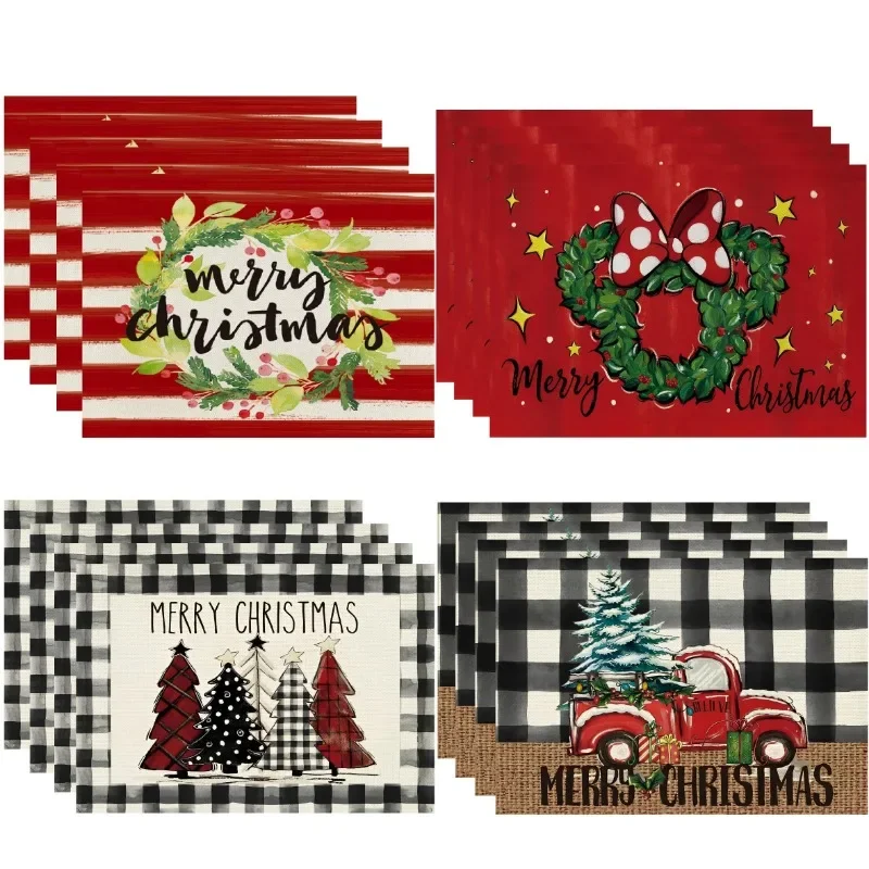1PC Linen Meal Mat Christmas Themed Table Mats Checkered Pattern Insulation Pad Kitchen Dining Decoration Tables Pads Warm