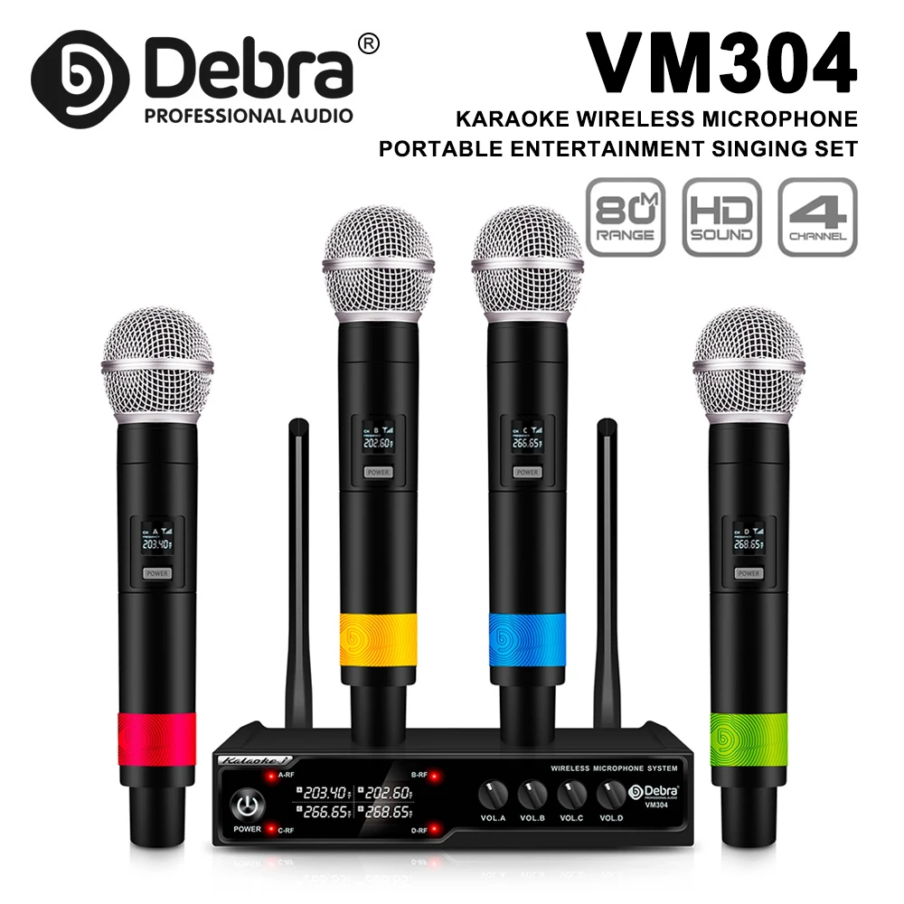 VM304 Audio 4-channel wireless microphone system, handheld microphone with 80 meters range, for conferences, hosting situations