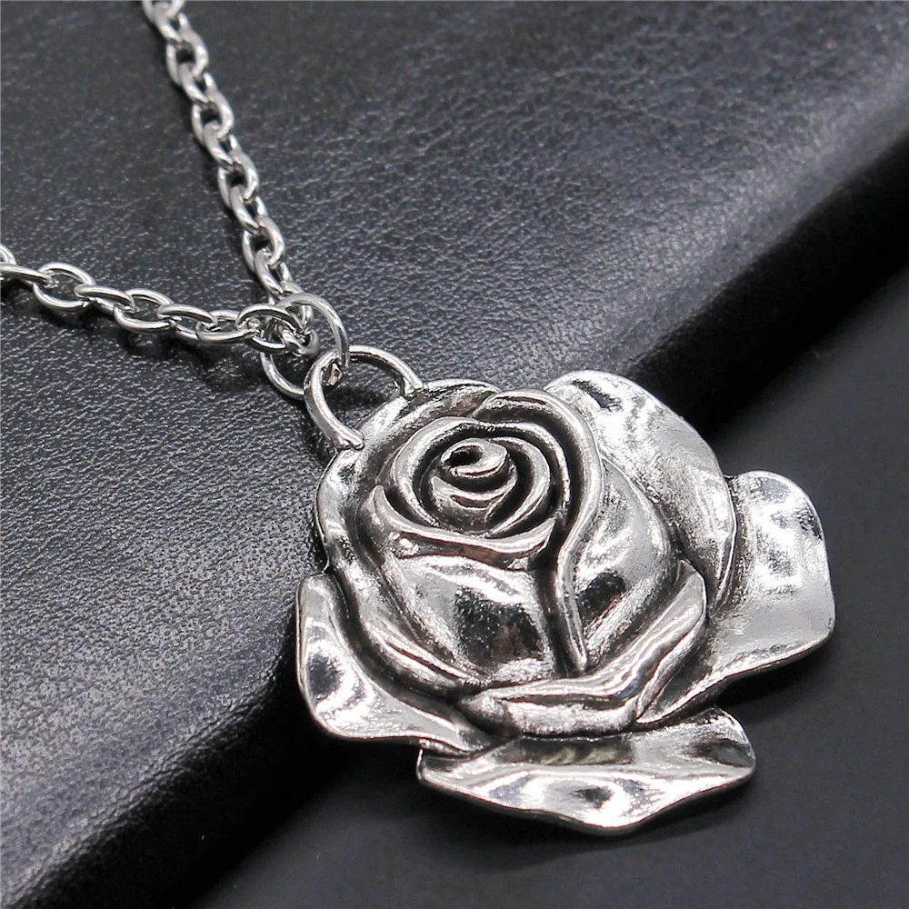 Fashion Vintage Antique Silver Color 36x33mm Rose Pendant Necklace For Women Men Long Chain Trendy Jewelry Accessories