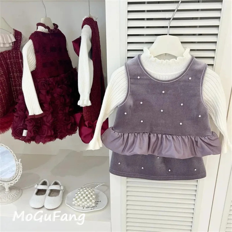 

01-Girls Autumn and Winter New Year Outfit Purple Rhinestone Top Fleece-Lined Fashionable Skirt Set Two-Piece Set