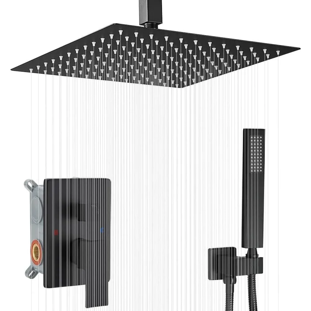 

Luxury 12 Inch Ceiling-Mounted Matte Black Shower System with Rainfall Shower Head and Mixer Combo