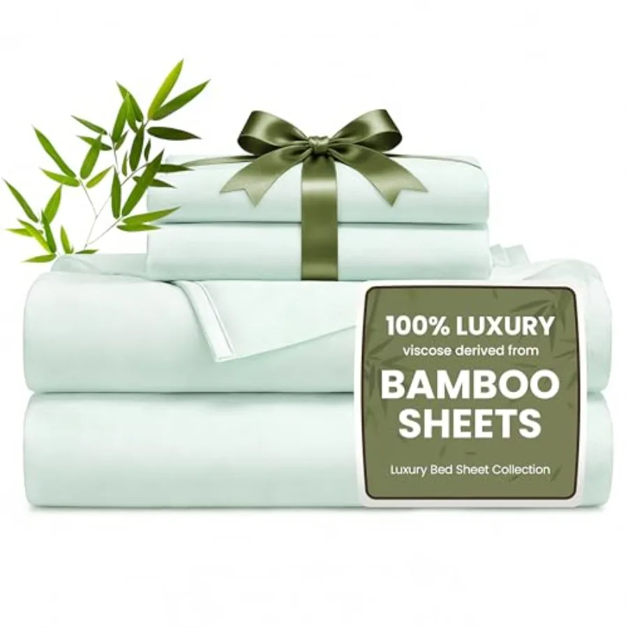 

4 Pcs Sheet Set 100% Rayon Derived from Bamboo Cooling and Breathable Soft Silky Deep Pocket up to 16" Hotel Luxury Bedding for