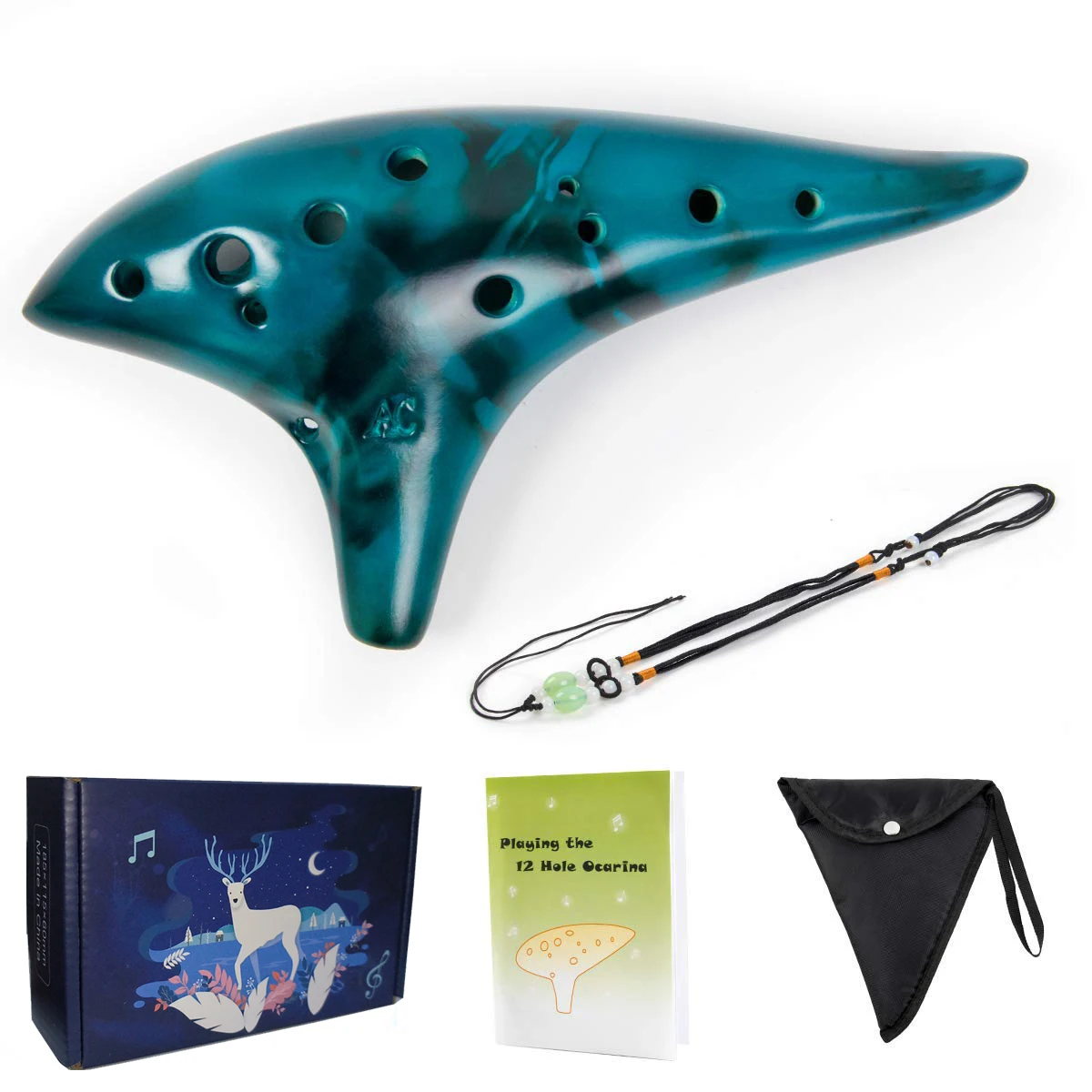 Ocarina-instrumento Musical de cerámica con libro de canciones para niños, 12 tonos, Alto C, cuerda para el cuello, cordón para el cuello, bolsa de