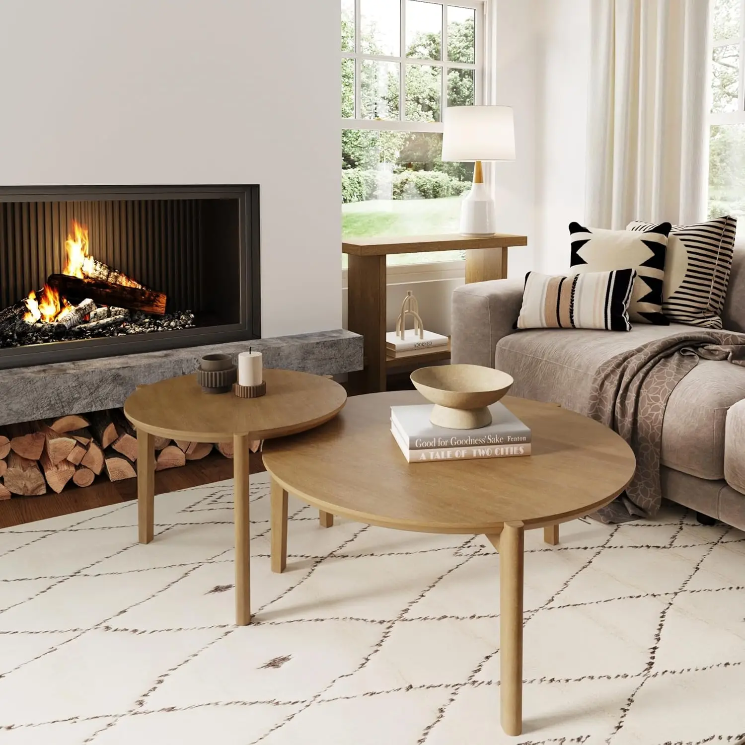 Modern Nesting Coffee Table Set of 2, Stacking Accent Tables for Living Room in Light Brown