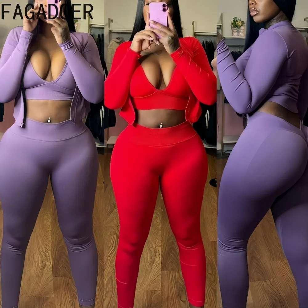 

Новинка! Комплект из 3 предметов FAGADOER: высококачественный сексуальный спортивный костюм для женщин, однотонный, с длинным рукавом, укороченный топ + брюки, в стиле стритвир.